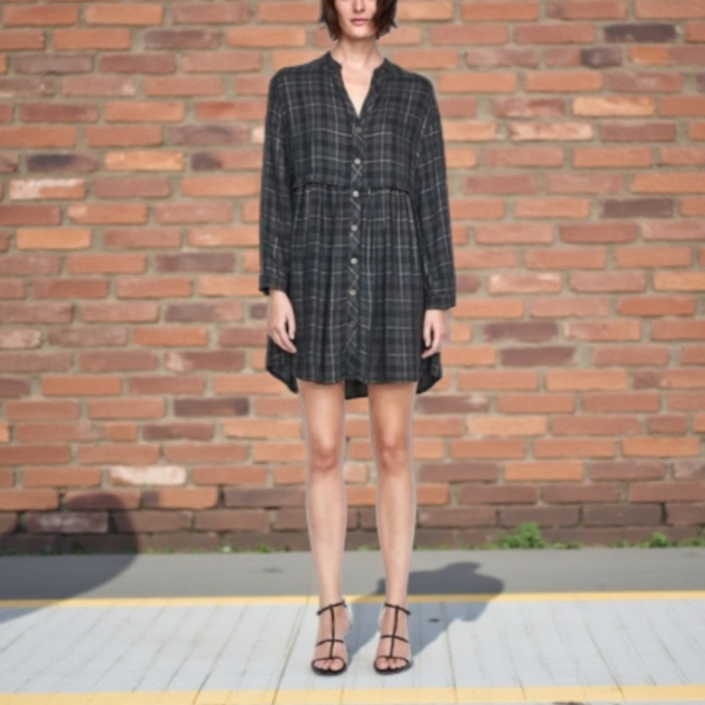 Zara Plaid Button-up Checkered Metallic Tunic Dress size Small